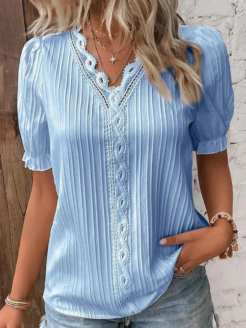 Elegant Women Blouse Shirt V Neck Lace  Patchwork Short Sleeve Shirts For Women Summer Lady Tops White